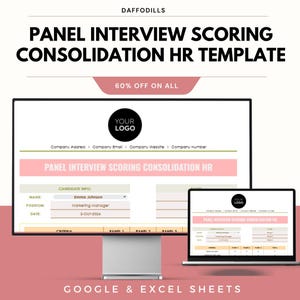 May include: A computer monitor and laptop display a pink and white HR template for panel interview scoring. The template includes sections for candidate information and scoring criteria. The text reads "Panel Interview Scoring Consolidation HR Template."