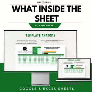 May include: A computer monitor and laptop display a spreadsheet template with the text "TEMPLATE ANATOMY." The image includes the text "WHAT INSIDE THE SHEET" and "60% OFF ON ALL." The bottom of the image reads "GOOGLE & EXCEL SHEETS."