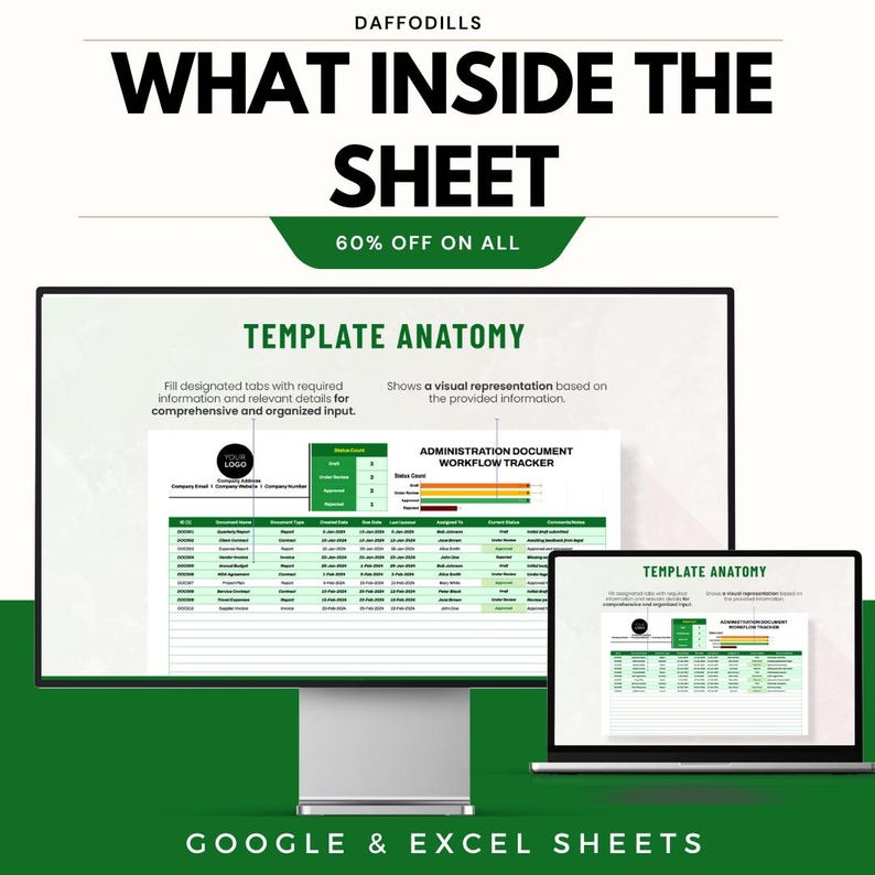 May include: A computer monitor and laptop display a spreadsheet template with the text "TEMPLATE ANATOMY." The image includes the text "WHAT INSIDE THE SHEET" and "60% OFF ON ALL." The bottom of the image reads "GOOGLE & EXCEL SHEETS."