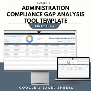 Op de afbeelding: Een computermonitor en een laptop die een sjabloon voor een compliance gap analyse tool weergeven. De tekst luidt "Administration Compliance Gap Analysis Tool Template" met een promotie van 60% korting. De sjabloon is voor Google & Excel Sheets.