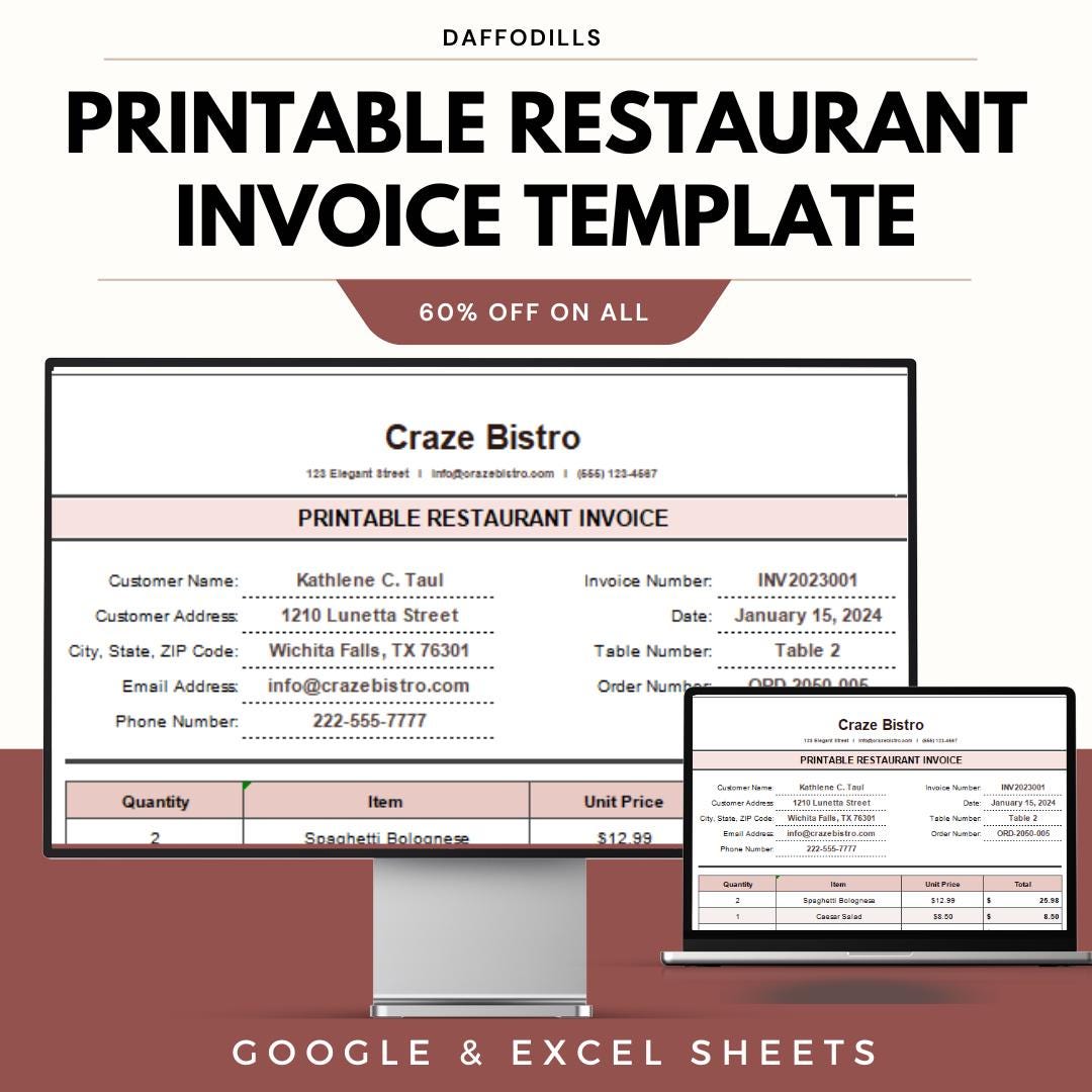 Printable Restaurant Invoice Template, Restaurant Billing Receipt, Food ...