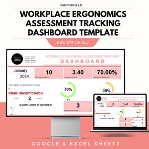 May include: A digital dashboard template for workplace ergonomics assessment tracking. The template displays data on a computer monitor and laptop, with a pink and white color scheme. The text includes "Workplace Ergonomics Assessment Tracking Dashboard Template."