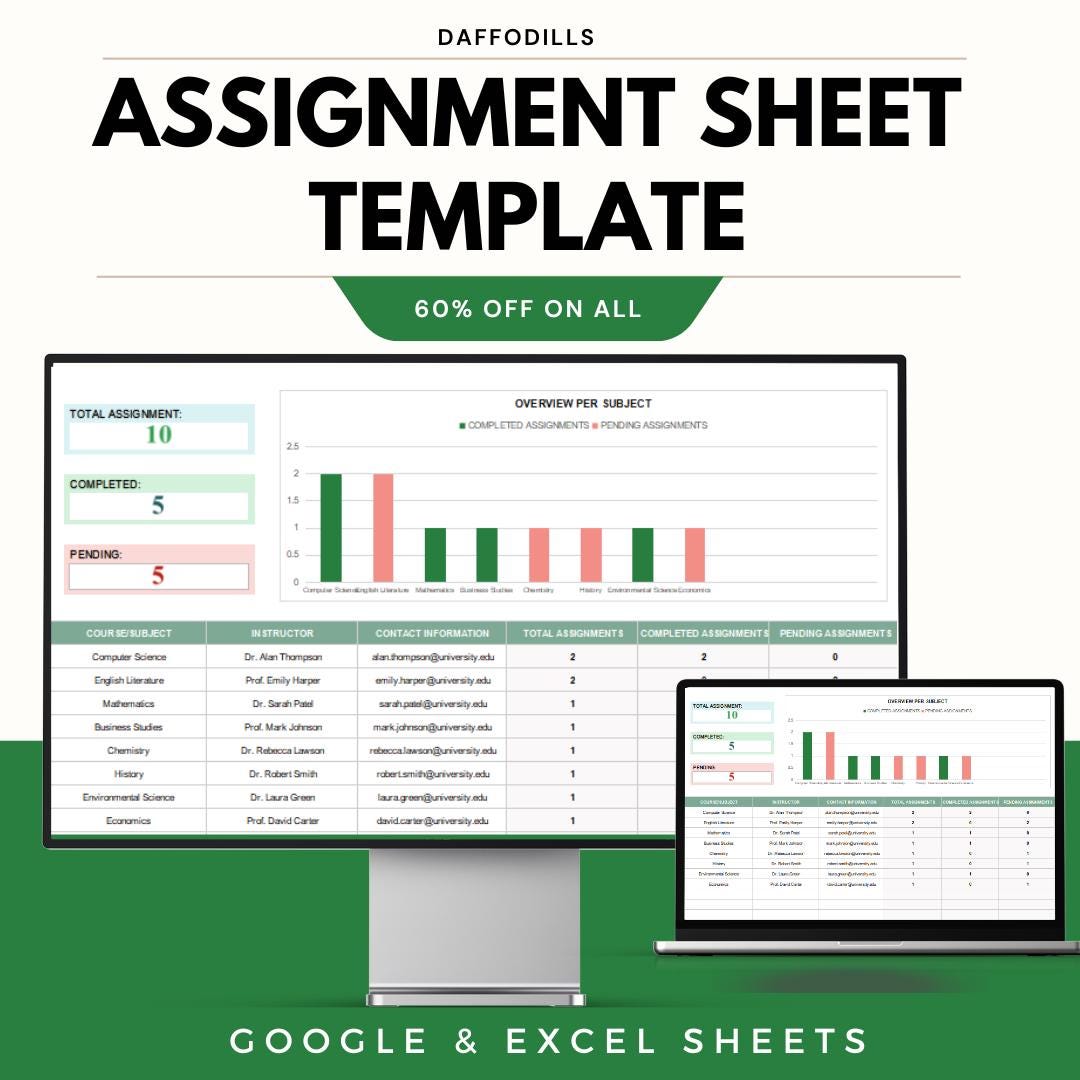 Assignment Sheetd Assignment Sheet Template, Student Homework Tracker, Excel & Google ...