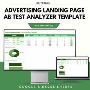 May include: A digital marketing template for advertising landing page A/B test analysis. The image shows a desktop computer and a laptop displaying data charts and tables. The text on the image reads "ADVERTISING LANDING PAGE AB TEST ANALYZER TEMPLATE" and "GOOGLE & EXCEL SHEETS".