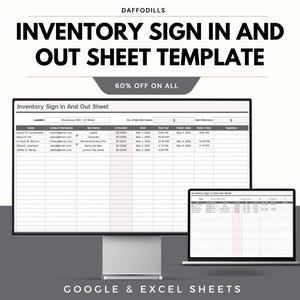 Pode incluir: Um modelo digital de folha de registro de entrada e saída de inventário exibido em um monitor de computador e um laptop. O texto "INVENTORY SIGN IN AND OUT SHEET TEMPLATE" está no topo. O modelo inclui campos para detalhes e datas.