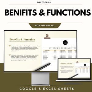 May include: A computer monitor and laptop display a recruitment tool with the text "BENIFITS & FUNCTIONS" and "INTERVIEW SCHEDULE TRA". The screen shows a document with a clipboard and a pen. The text "60% OFF ON ALL" is also visible.