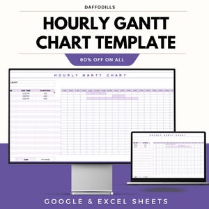 Puede incluir: Una pantalla digital y una computadora portátil que muestran una plantilla de diagrama de Gantt por horas. El texto "HOURLY GANTT CHART TEMPLATE" se muestra en letras grandes y en negrita. La imagen también incluye el texto "60% OFF ON ALL" y "GOOGLE & EXCEL SHEETS".
