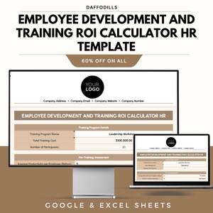 May include: A computer monitor and laptop display an "Employee Development and Training ROI Calculator HR Template." The template includes fields for training program details and pre-training assessment. The image also includes the text "60% OFF ON ALL" and "GOOGLE & EXCEL SHEETS."