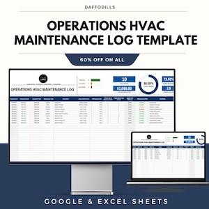 Puede incluir: Una plantilla digital para registros de mantenimiento de HVAC, que se muestra en un monitor de computadora y una computadora portátil. La plantilla incluye secciones para la identificación del equipo, el tipo de mantenimiento y el costo. También incluye el texto "OPERATIONS HVAC MAINTENANCE LOG TEMPLATE" y "60% OFF ON ALL".