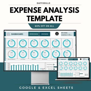 Puede incluir: Una plantilla digital de análisis de gastos que se muestra en un monitor de escritorio y una computadora portátil. La plantilla muestra datos de gastos con gráficos y porcentajes. El texto dice "EXPENSE ANALYSIS TEMPLATE" y "60% OFF ON ALL". La plantilla es para Google & Excel Sheets.