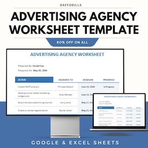 Op de afbeelding: Een digitale sjabloon voor een werkblad voor een reclamebureau, weergegeven op een desktopcomputer en een laptop. Het werkblad bevat secties voor actie-items, toegewezen personen, deadlines en voortgangsupdates. De tekst "ADVERTISING AGENCY WORKSHEET TEMPLATE" is prominent weergegeven.