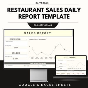 Mall för restaurangförsäljningsrapport, kalkylblad för daglig försäljningsspårning, Google Sheets Excel-instrumentpanel, verktyg för analys av livsmedelsföretagsintäkter