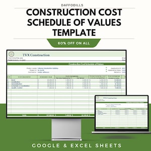 Op de afbeelding: Een digitaal display van een kostenoverzicht voor de bouw. De sjabloon bevat secties voor werkomschrijving, geplande waarde en voltooid werk. De afbeelding toont ook een laptop met dezelfde sjabloon. De tekst op de afbeelding luidt "Construction Cost Schedule of Values Template".
