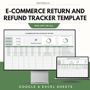 Puede incluir: Una plantilla digital de seguimiento de devoluciones y reembolsos de comercio electrónico que se muestra en un monitor de computadora y una computadora portátil. La plantilla incluye campos de datos y gráficos. El texto de la imagen incluye "E-COMMERCE RETURN AND REFUND TRACKER TEMPLATE" y "60% OFF ON ALL".