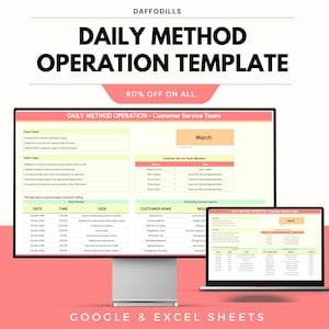 Peut inclure: Un écran d'ordinateur et un ordinateur portable affichant un "Modèle d'opération quotidienne" avec le texte "60% DE RÉDUCTION SUR TOUT". Le modèle comprend des sections pour les objectifs de l'équipe, les tâches et les membres de l'équipe du service client.