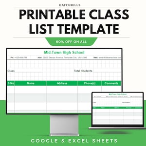 Può includere: Un modello di elenco di classe stampabile visualizzato su un monitor di computer e un laptop. Il modello include campi per la classe, i nomi degli studenti, gli indirizzi, i numeri di telefono e i commenti. Il testo "PRINTABLE CLASS LIST TEMPLATE" è in alto.