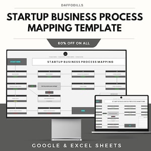 Pode incluir: Um modelo digital de mapeamento de processos de negócios exibido em um monitor de desktop e laptop. O modelo é um fluxograma com caixas de texto e linhas. O texto na tela diz "Startup Business Process Mapping Template". A imagem também inclui o texto "60% OFF ON ALL" e "GOOGLE & EXCEL SHEETS".