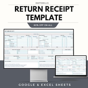 Könnte beinhalten: Eine digitale Vorlage für eine Rücksendungsquittung, die auf einem Computermonitor und einem Laptop angezeigt wird. Der Text "RETURN RECEIPT TEMPLATE" ist prominent dargestellt, darunter "60% OFF ON ALL". Der untere Teil des Bildes lautet "GOOGLE & EXCEL SHEETS".