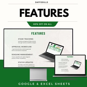 May include: A digital graphic with the word "FEATURES" in bold black letters, with a green banner that says "60% OFF ON ALL". The image shows a computer monitor and a laptop displaying features of a software, including stage tracking and approval workflow.