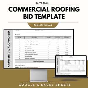 Commercial Roofing Bid Template | Roofing Estimate Spreadsheet | Construction Bid Proposal | Contractor Quote Sheet |