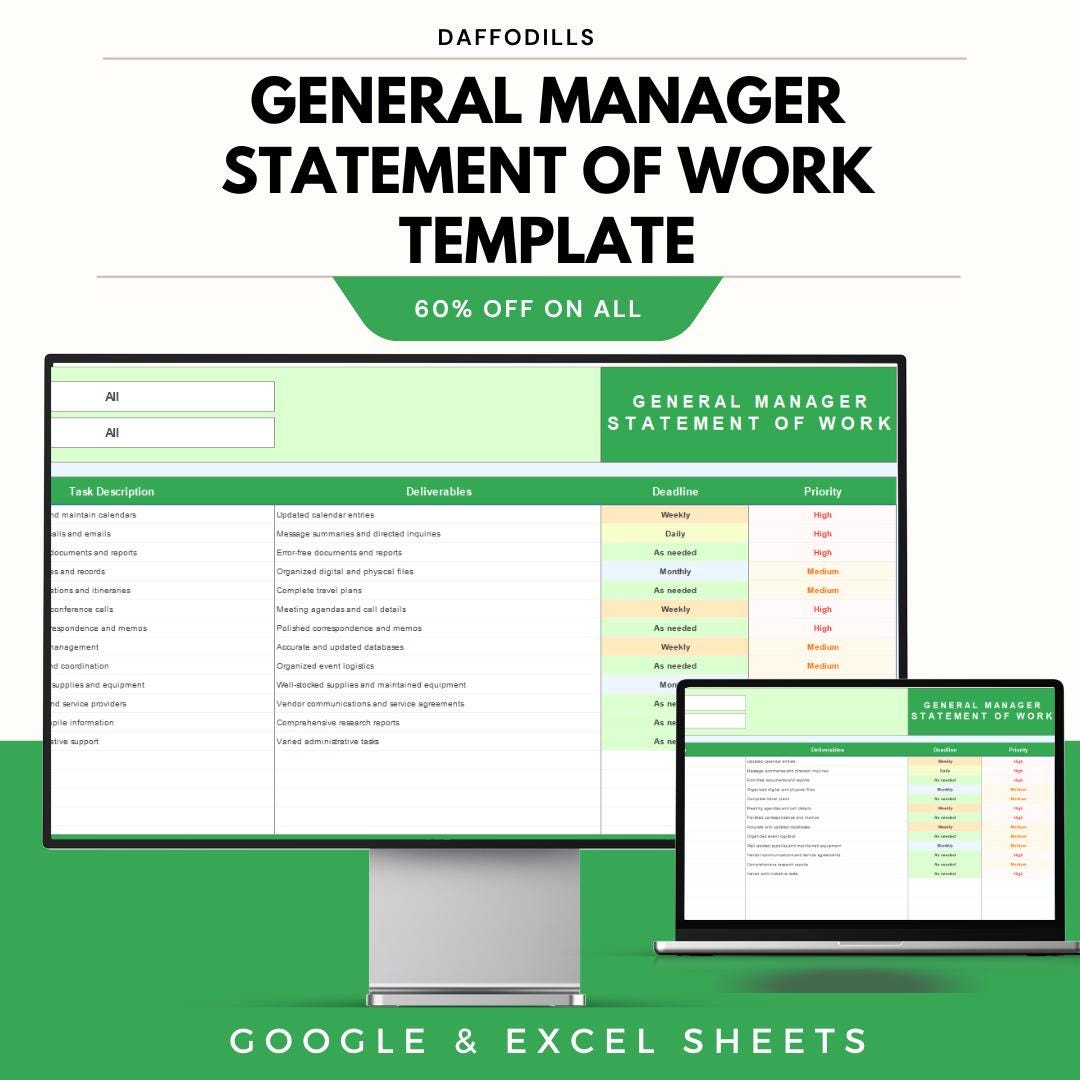 General Manager Statement of Work Template, SOW Excel Sheet, Project ...