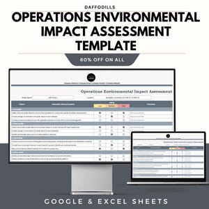 Op de afbeelding: Een computermonitor en een laptop met een "Operations Environmental Impact Assessment Template". De sjabloon bevat secties voor criteria, beschrijving en beoordeling. De afbeelding bevat ook de tekst "60% KORTING OP ALLES" en "GOOGLE & EXCEL SHEETS".