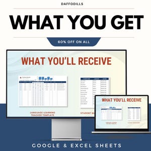 Op de afbeelding: Een computermonitor en een laptop tonen sjablonen voor het leren van talen en studentenbeheersbladen. De afbeelding bevat de tekst "WHAT YOU GET", "WHAT YOU'LL RECEIVE" en "GOOGLE & EXCEL SHEETS". De afbeelding vermeldt ook "60% OFF ON ALL".