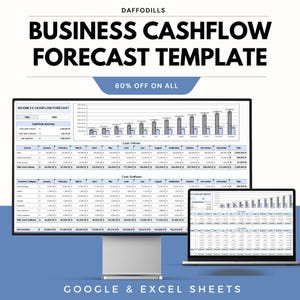 May include: A computer monitor and laptop display a business cashflow forecast template. The text "BUSINESS CASHFLOW FORECAST TEMPLATE" is at the top, with "60% OFF ON ALL" below it. The bottom of the image reads "GOOGLE & EXCEL SHEETS".