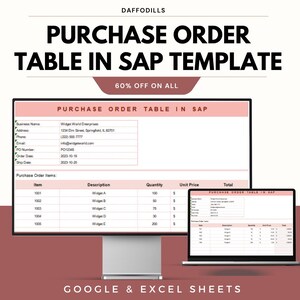 May include: A computer monitor and laptop displaying a purchase order table in SAP template. The text reads "Purchase Order Table in SAP Template" with a 60% off promotion. The monitor shows a detailed order with item descriptions and quantities.