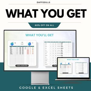 May include: Image of a computer monitor and laptop displaying spreadsheets with the text "WHAT YOU GET" and "WHAT YOU'LL GET". The image also includes the text "60% OFF ON ALL" and "GOOGLE & EXCEL SHEETS".