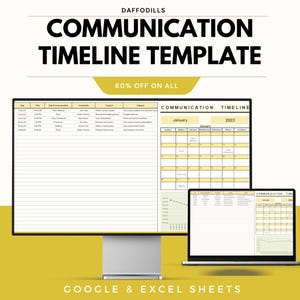 May include: A computer monitor and laptop displaying a communication timeline template. The template includes a calendar for January 2023 and a detailed schedule. Text on the image reads "COMMUNICATION TIMELINE TEMPLATE" and "60% OFF ON ALL".