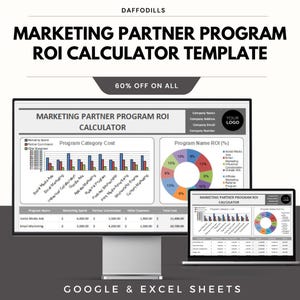 May include: A computer monitor and laptop display a marketing partner program ROI calculator template. The template includes charts and graphs for program category cost and ROI percentages. The text reads "Marketing Partner Program ROI Calculator Template" and "60% Off On All."