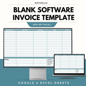 Op de afbeelding: Een digitale factuursjabloon weergegeven op een computermonitor en een laptop. De sjabloon bevat velden voor beschrijving, eenheidskosten, hoeveelheid, prijs en totaal. De tekst "BLANK SOFTWARE INVOICE TEMPLATE" wordt bovenaan weergegeven.