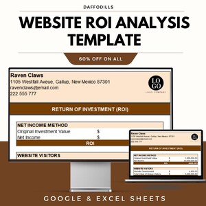 Op de afbeelding: Een computermonitor en een laptop tonen een website ROI-analysetemplate. De template bevat secties voor netto-inkomsten, websitebezoekers en ROI-berekeningen. De tekst bevat "Website ROI Analysis Template" en "60% off on all".