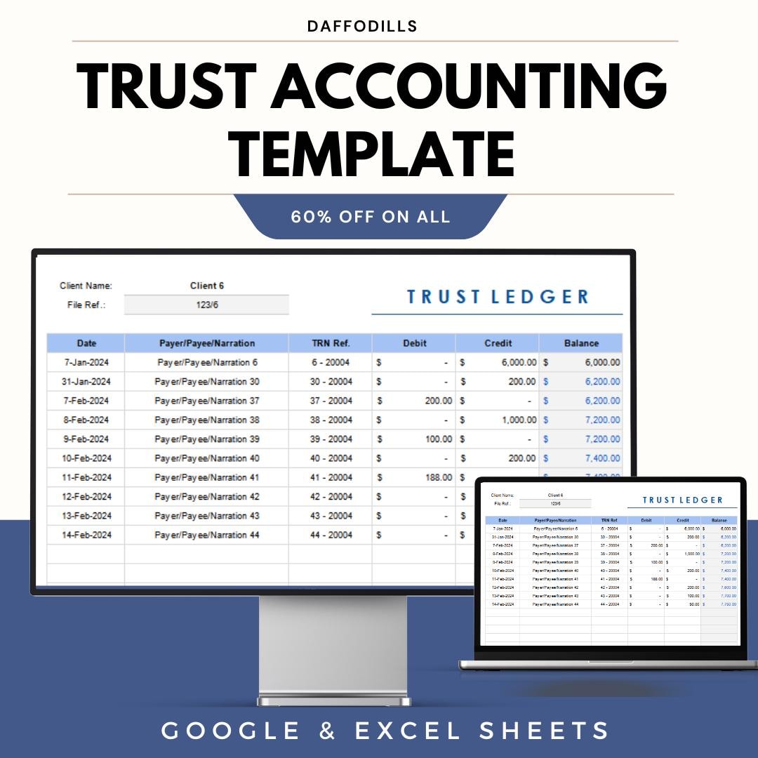 Trust Accounting Template, Trust Ledger Spreadsheet, Google Sheets