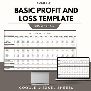 Op de afbeelding: Een computermonitor en een laptop tonen een "Basic Profit and Loss Template". De tekst "Basic Profit and Loss Template" is vetgedrukt en zwart. Een banner leest "60% OFF ON ALL". De tekst "GOOGLE & EXCEL SHEETS" wordt onderaan weergegeven.