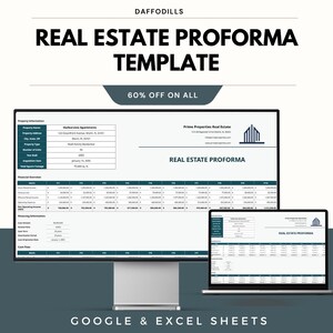 Puede incluir: Un monitor de computadora y una computadora portátil que muestran una plantilla de proforma inmobiliaria. La plantilla incluye datos financieros e información de la propiedad. También se muestra el texto "REAL ESTATE PROFORMA TEMPLATE" y "60% OFF ON ALL".
