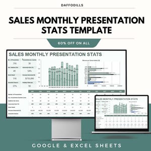 Könnte beinhalten: Eine digitale Verkaufspräsentationsvorlage auf einem Computermonitor und Laptop. Die Vorlage zeigt Verkaufsstatistiken mit Diagrammen und Grafiken. Der Text auf dem Bildschirm lautet "SALES MONTHLY PRESENTATION STATS TEMPLATE" und "60% OFF ON ALL". Die Vorlage ist für Google & Excel Sheets.