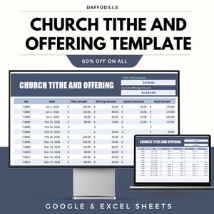 May include: A digital church tithe and offering template, shown on a computer monitor and laptop. The template includes fields for tithe amount, offering amount, and special donations. The text on the screen reads "CHURCH TITHE AND OFFERING TEMPLATE".