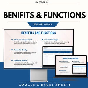 以下が含まれることがあります： Google & Excel Sheets を宣伝するデジタルグラフィックで、「BENIFITS & FUNCTIONS」と60%オフのプロモーションが表示されています。画像には、コンピューターモニターと2台のラップトップが表示され、Efficient Management、Financial Clarity、Tenant Oversight、Expense Controlなどの利点がリストされています。