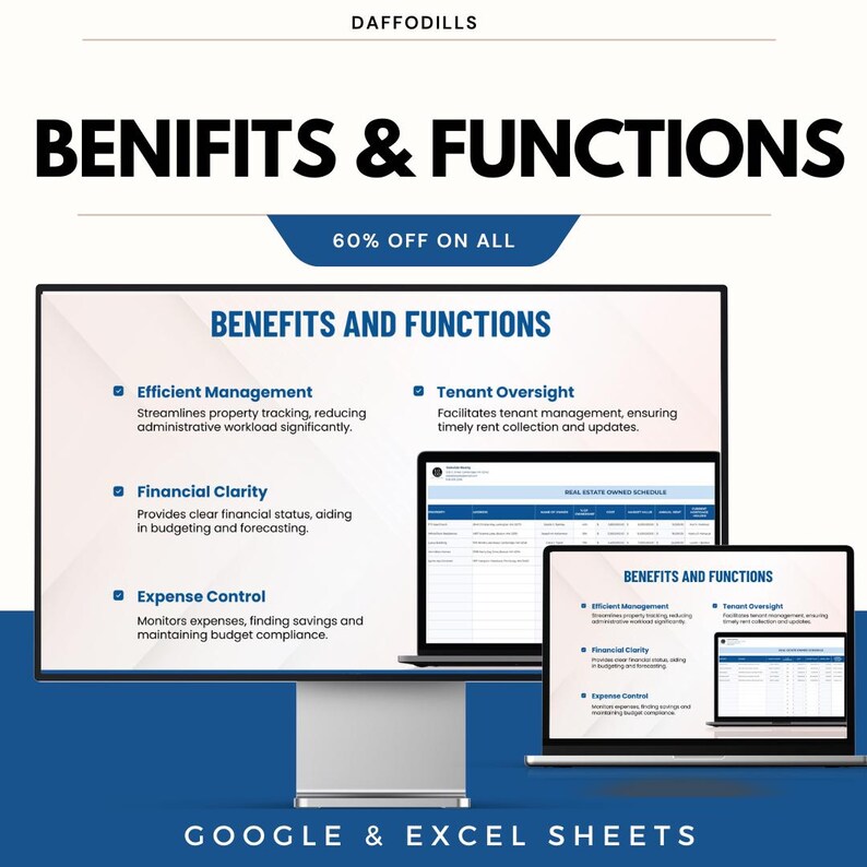 以下が含まれることがあります： Google & Excel Sheets を宣伝するデジタルグラフィックで、「BENIFITS & FUNCTIONS」と60%オフのプロモーションが表示されています。画像には、コンピューターモニターと2台のラップトップが表示され、Efficient Management、Financial Clarity、Tenant Oversight、Expense Controlなどの利点がリストされています。