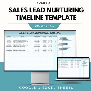 Op de afbeelding: Een digitale marketingtemplate met de titel "Sales Lead Nurturing Timeline" wordt weergegeven op een computermonitor en laptop. De template is ontworpen voor Google & Excel Sheets. De afbeelding bevat de tekst "60% OFF ON ALL" en het Daffodils-logo.