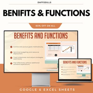 May include: An advertisement for Google and Excel Sheets, featuring a desktop and laptop displaying a presentation titled "BENEFITS AND FUNCTIONS". The presentation highlights features such as goal outlining and resource optimization. The image also includes the text "60% OFF ON ALL".