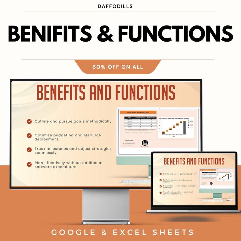 May include: An advertisement for Google and Excel Sheets, featuring a desktop and laptop displaying a presentation titled "BENEFITS AND FUNCTIONS". The presentation highlights features such as goal outlining and resource optimization. The image also includes the text "60% OFF ON ALL".