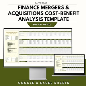Può includere: Un monitor di computer e un laptop visualizzano un modello di analisi costi-benefici di fusioni e acquisizioni finanziarie. Il testo sullo schermo include dati finanziari e le parole "Finance Mergers & Acquisitions Cost-Benefit Analysis Template". L'immagine include anche il testo "60% OFF ON ALL" e "GOOGLE & EXCEL SHEETS".