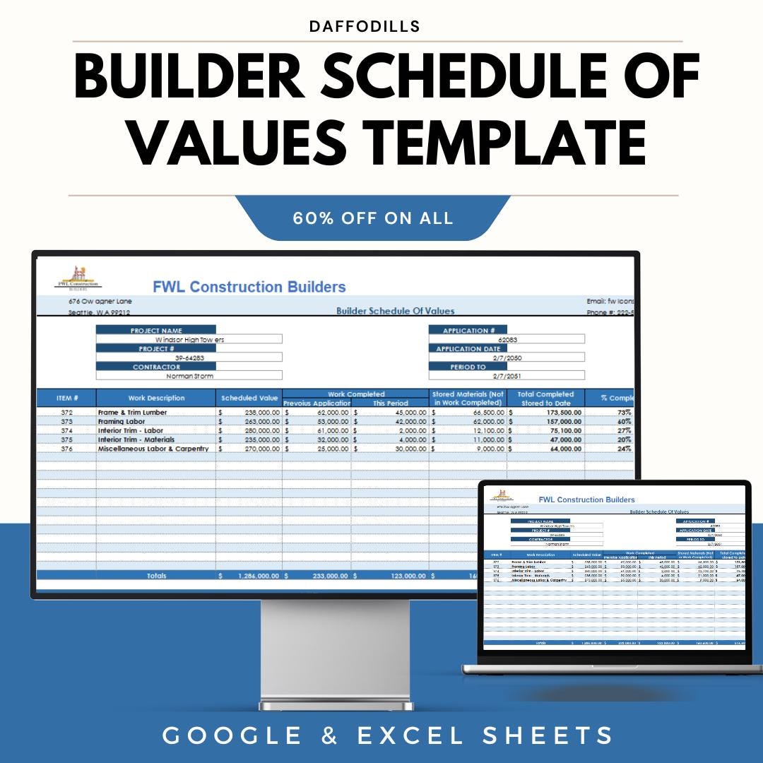 Builder Schedule of Values Template, Construction Payment Tracker Excel ...