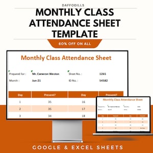 May include: A digital template for a monthly class attendance sheet, displayed on a computer monitor and a laptop. The template includes fields for student attendance, sheet number, and ID number. The text "60% OFF ON ALL" is also visible.