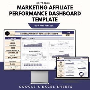 May include: A digital marketing affiliate performance dashboard template on a computer monitor and laptop. The template displays data visualizations and key metrics, including clicks, conversions, and revenue. The text on the image reads "MARKETING AFFILIATE PERFORMANCE DASHBOARD TEMPLATE".