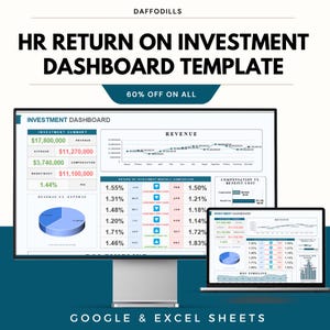 May include: A digital HR Return on Investment Dashboard Template, displayed on a desktop monitor and laptop. The template includes charts, graphs, and financial data, with the text "60% OFF ON ALL" and "GOOGLE & EXCEL SHEETS".