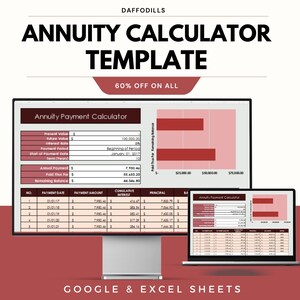 Puede incluir: Una plantilla de calculadora de anualidades digital que se muestra en un monitor de escritorio y una computadora portátil. La plantilla incluye campos para el valor presente y futuro, la tasa de interés y los detalles de pago. El texto "ANNUITY CALCULATOR TEMPLATE" está en la parte superior.
